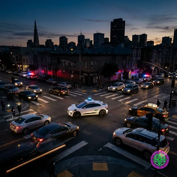 Waymo Jaguar I-Pace stuck at a dark intersection in San Francisco during a power outage