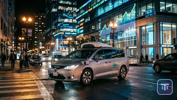 Ein futuristisches Waymo-Robotaxi, das nachts durch eine Stadtstraße navigiert, mit im Hintergrund leuchtenden Finanzdatenüberlagerungen, die Investitionen und Technologie symbolisieren.