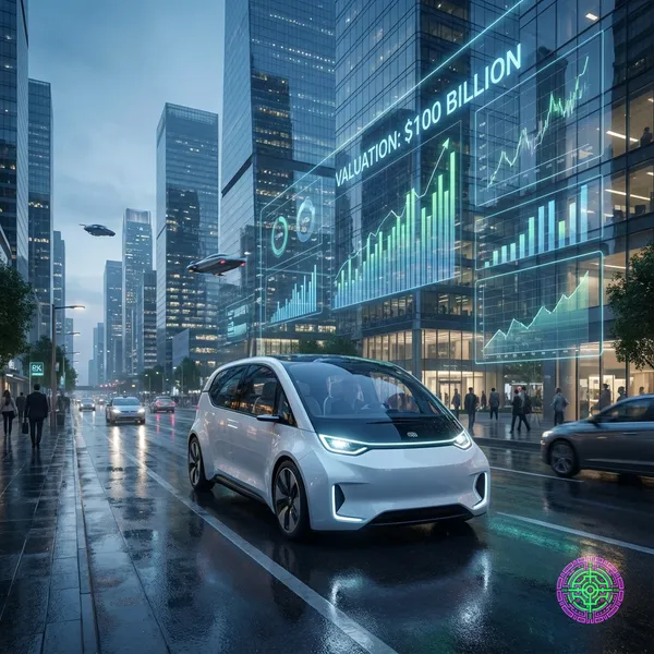 A futuristic Waymo robotaxi navigating a city street at night with financial data overlays glowing in the background, symbolizing investment and technology.
