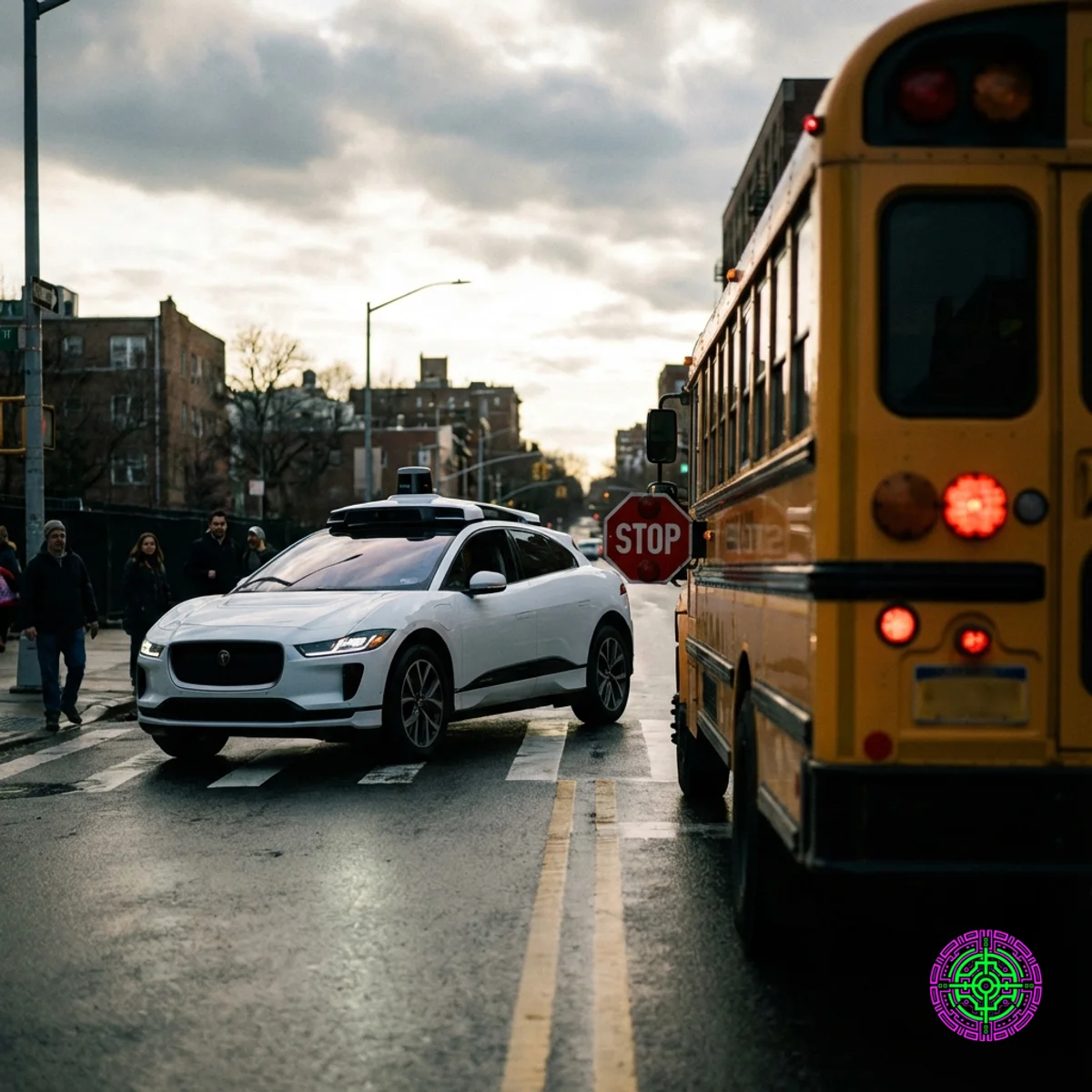 Un robotaxi Waymo arrêté à une intersection près d'un autobus scolaire avec des feux clignotants.