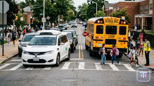 Ein Waymo-Robotaxi, das an einer Kreuzung in der Nähe eines Schulbusses mit blinkenden Lichtern hält.