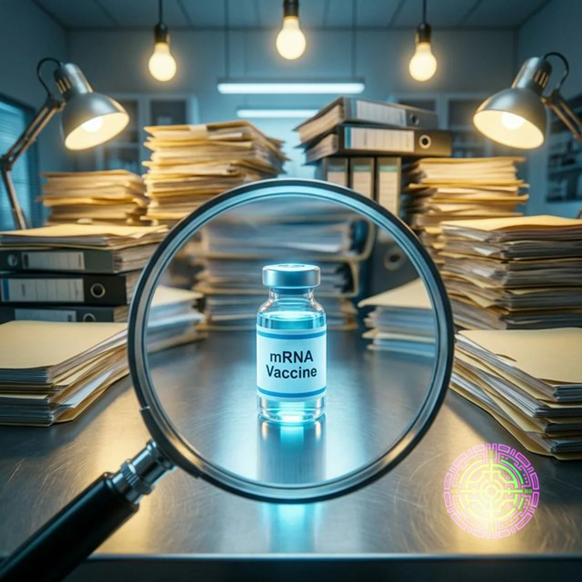 Um laboratório estéril do FDA com uma lupa focando em um único frasco de vacina de mRNA, contrastando com um fundo borrado de papelada burocrática.