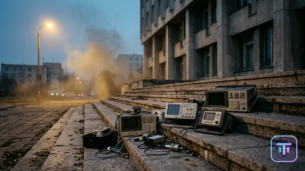 Scientific instruments abandoned on government building steps as industrial smog rolls in at twilight