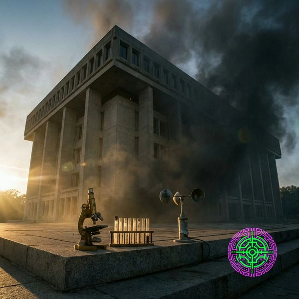 Scientific instruments abandoned on government building steps as industrial smog rolls in at twilight