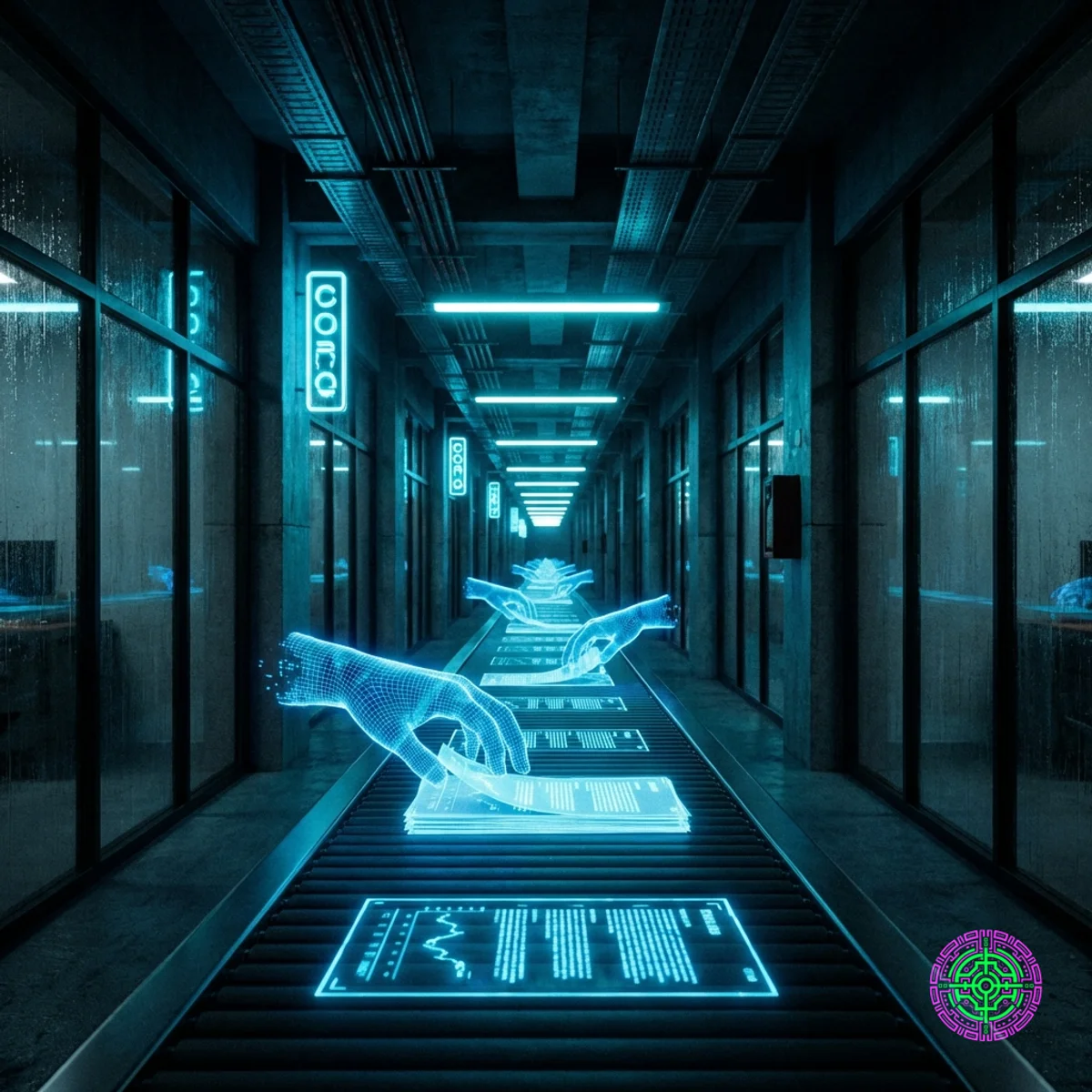 Une chaîne de montage numérique de documents brillants traités par des mains holographiques dans un couloir d'entreprise.