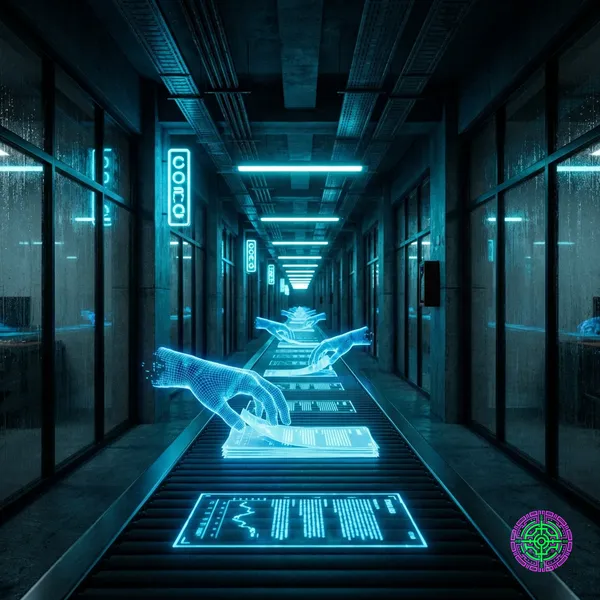 A digital assembly line of glowing documents being processed by holographic hands in a corporate corridor.
