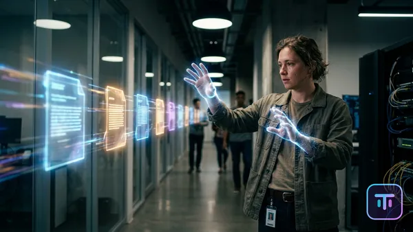 Una cadena de montaje digital de documentos brillantes procesados por manos holográficas en un corredor corporativo.