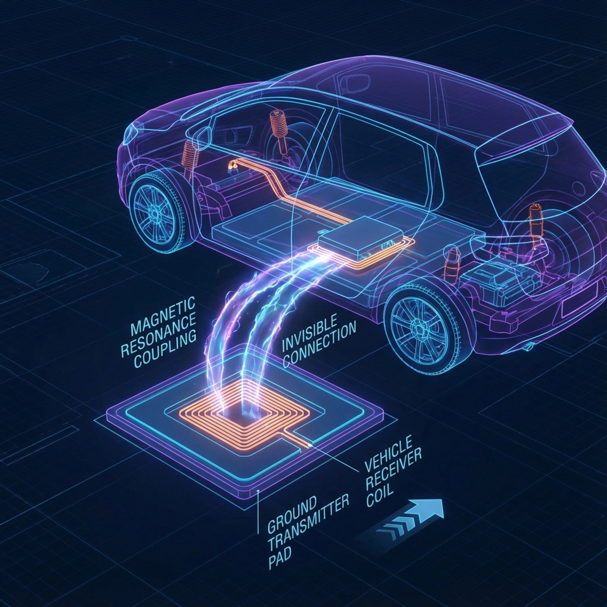Schematic diagram showing magnetic resonance between a ground pad and a vehicle receiver