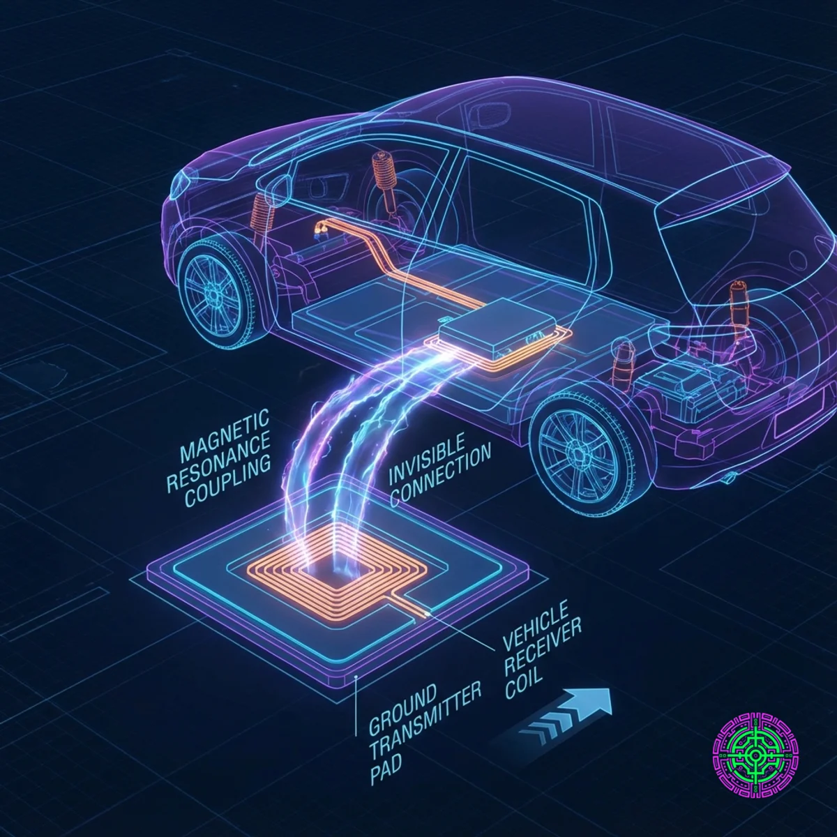 지상 패드와 차량 수신기 사이의 자기 공명을 보여주는 개략도