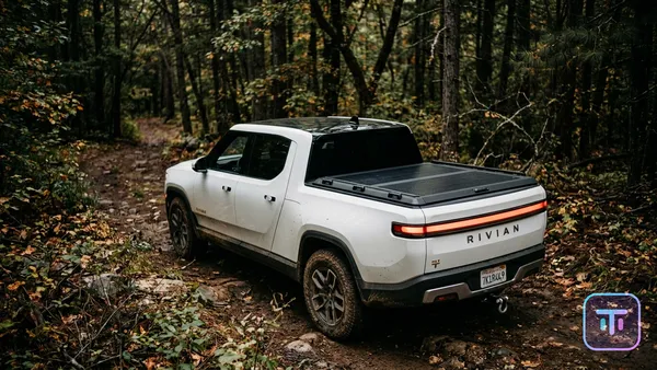 Rivian R1T with Worksport Solis solar tonneau cover in a forest setting