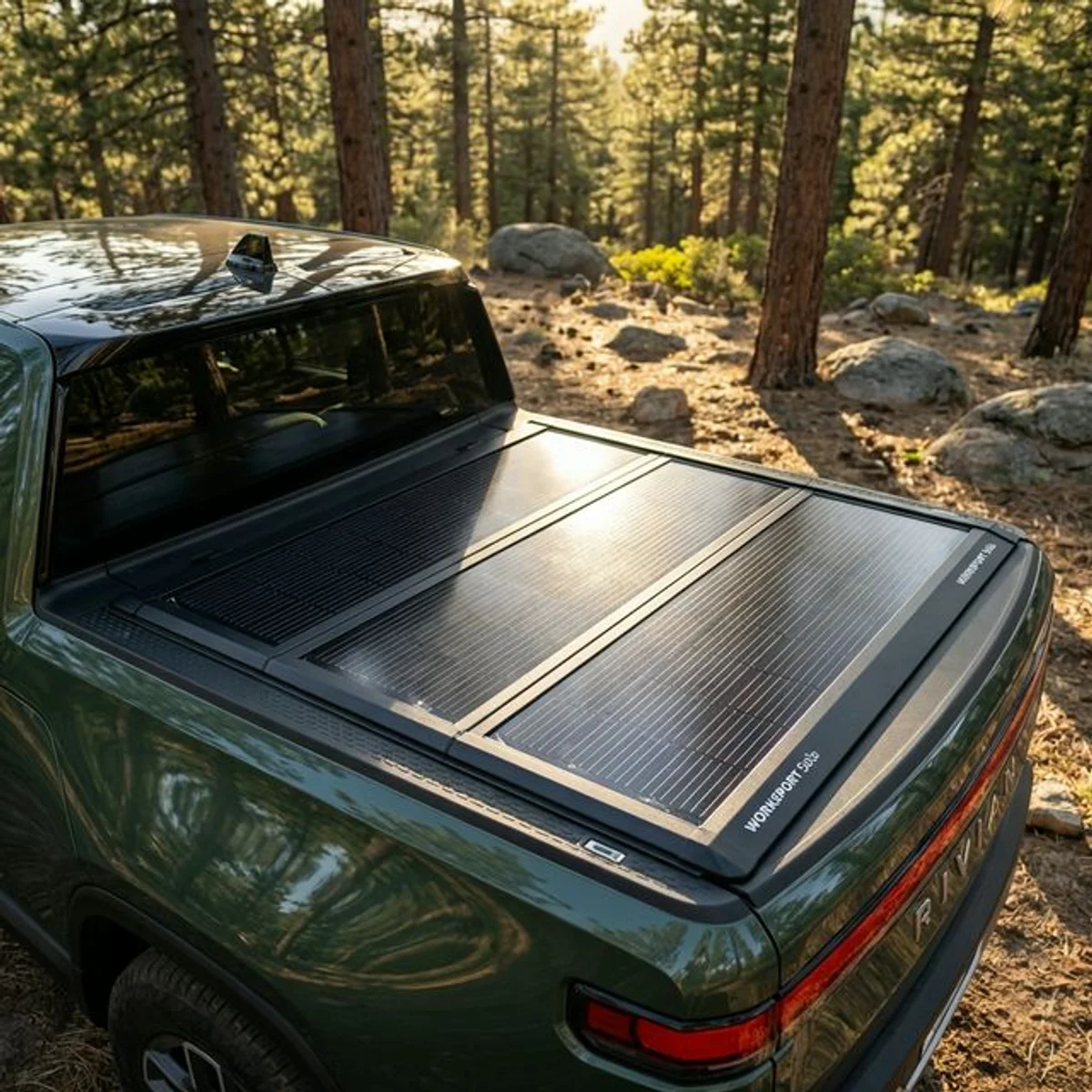 Rivian R1T con la cubierta de lona solar Worksport Solis en un entorno forestal
