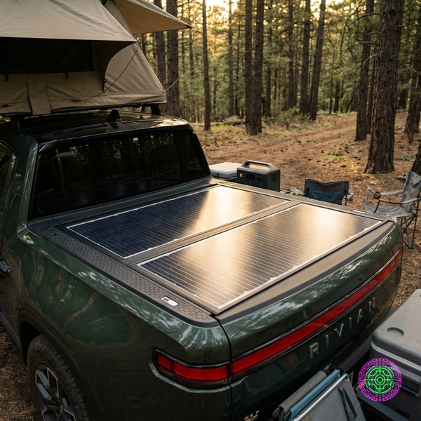Rivian R1T with Worksport Solis solar tonneau cover in a forest setting