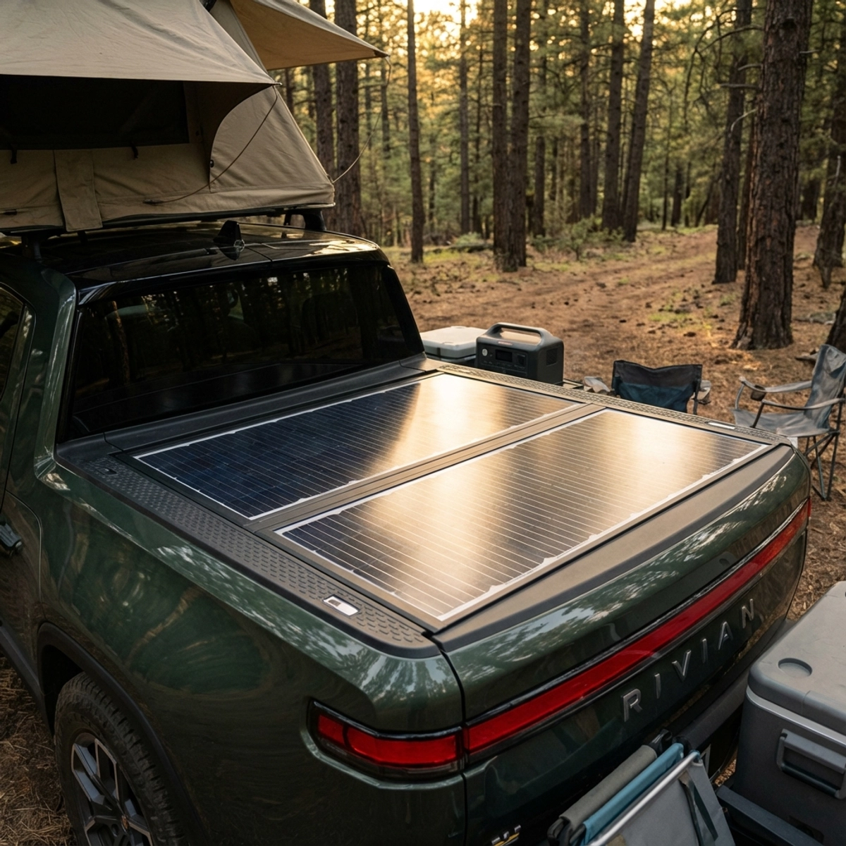 Rivian R1T with Worksport Solis solar tonneau cover in a forest setting