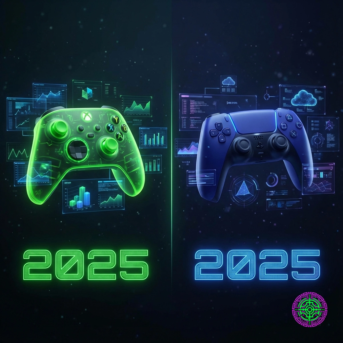 Split screen showing vibrant Xbox and PlayStation data visualizations