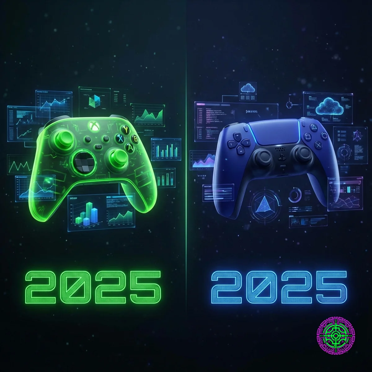 Geteilter Bildschirm mit lebendigen Xbox- und PlayStation-Datenvisualisierungen