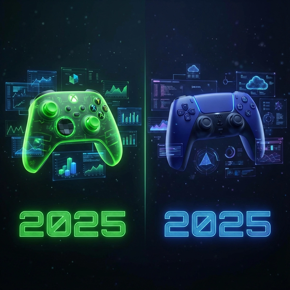Split screen showing vibrant Xbox and PlayStation data visualizations