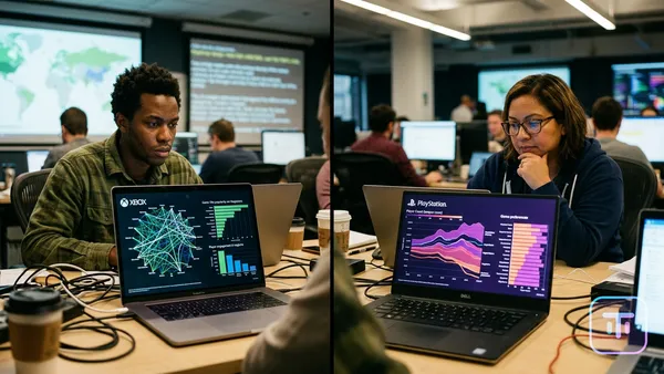 Split screen showing vibrant Xbox and PlayStation data visualizations