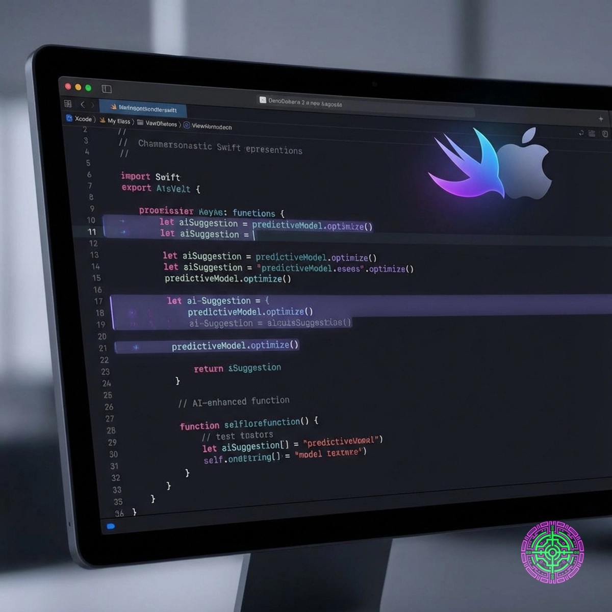 Futuristic Xcode interface with glowing AI code suggestions and Swift logo