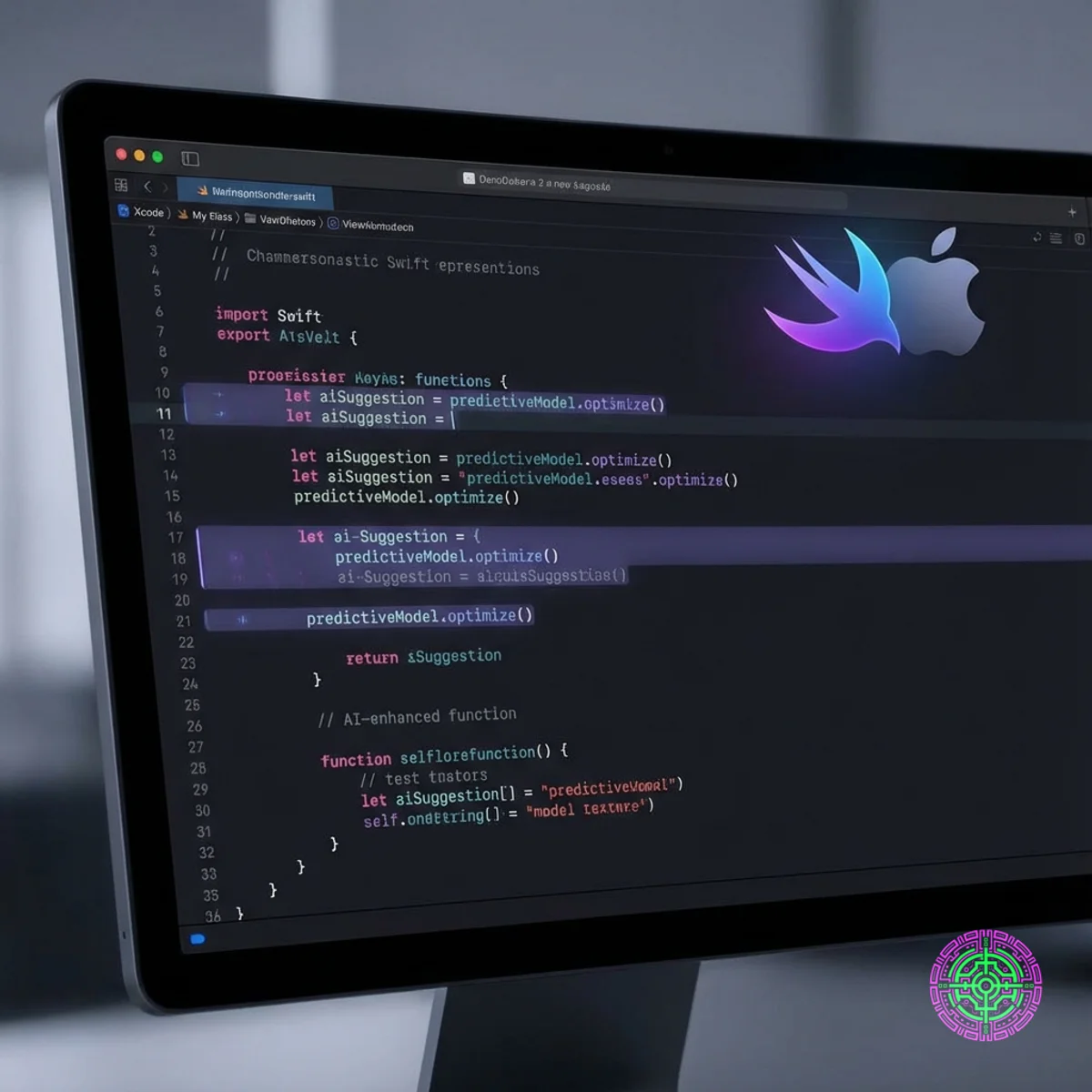 빛나는 AI 코드 제안과 Swift 로고가 있는 미래 지향적인 Xcode 인터페이스