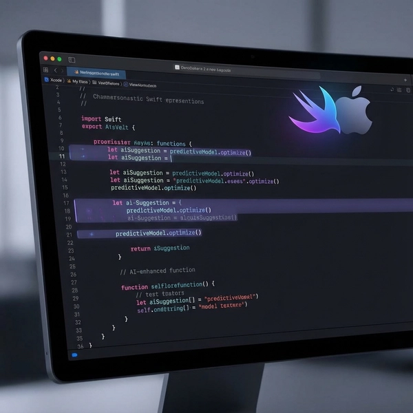 Futuristic Xcode interface with glowing AI code suggestions and Swift logo