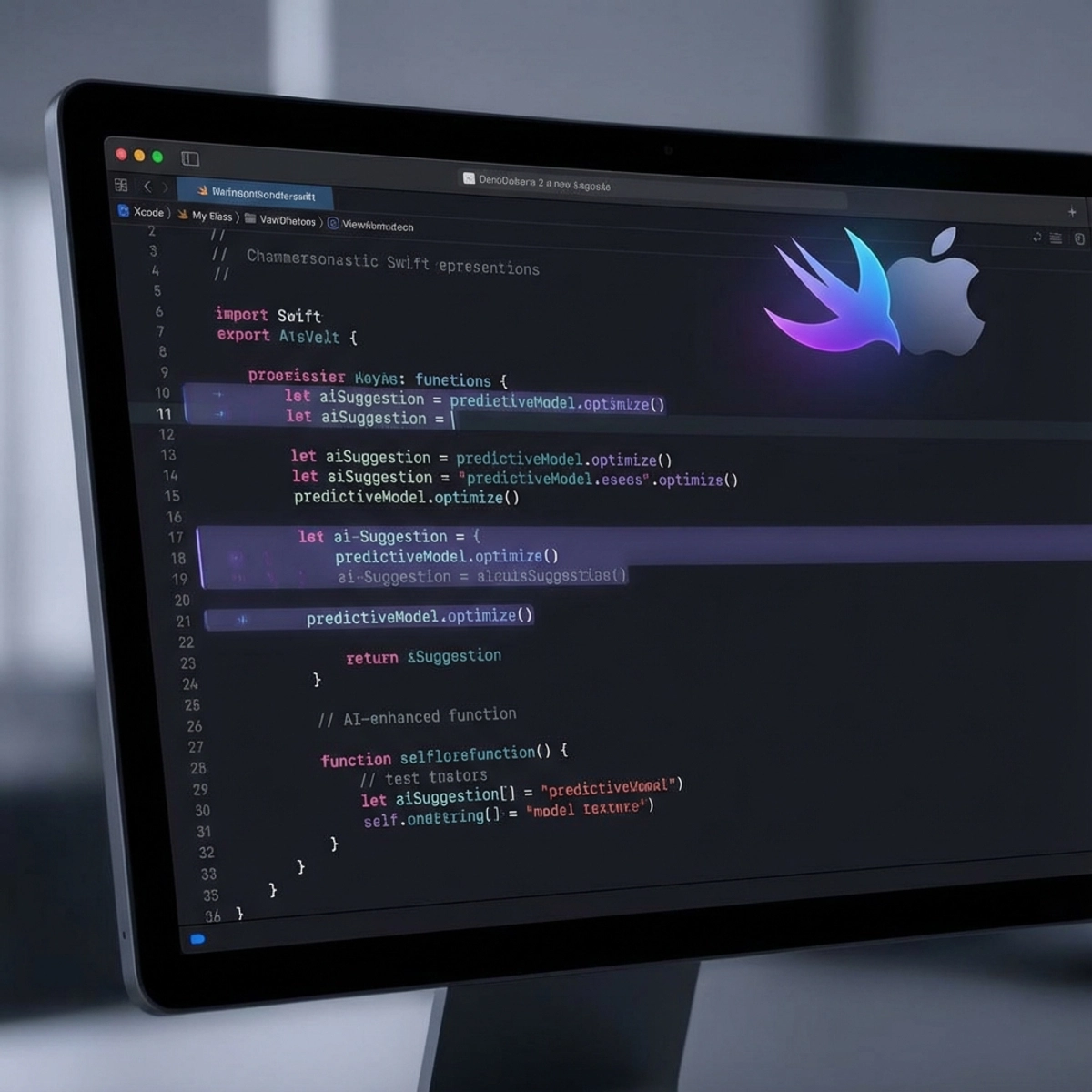 Futuristic Xcode interface with glowing AI code suggestions and Swift logo