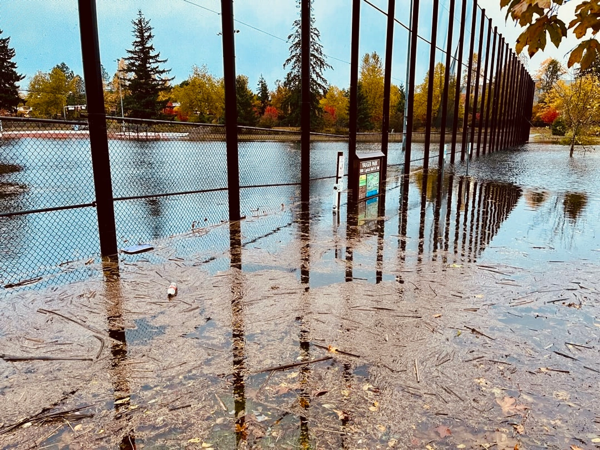 Forte inundação no Parque Yauger mostrando o sistema de retenção de águas pluviais em ação. Crédito: Reddit u/CoverSad9809