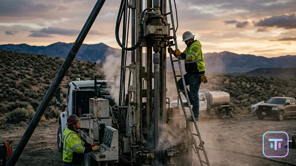 Una plataforma de perforación geotérmica de Zanskar operando en el desierto de Nevada.
