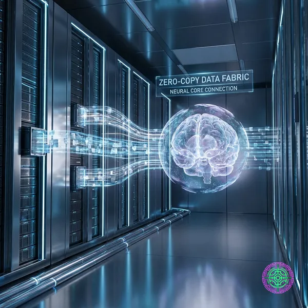 Sala de servidores futurista con flujos de datos azules y plateados brillantes que se conectan directamente a un cerebro de IA central, visualizando la arquitectura zero-copy.