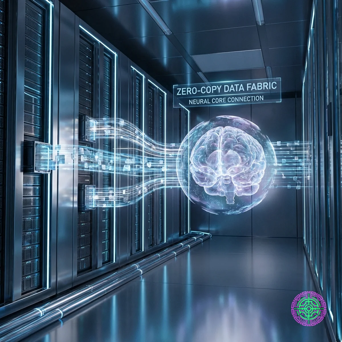 Futuristic server room with glowing blue and silver data streams connecting directly to a central AI brain, visualizing zero-copy architecture.
