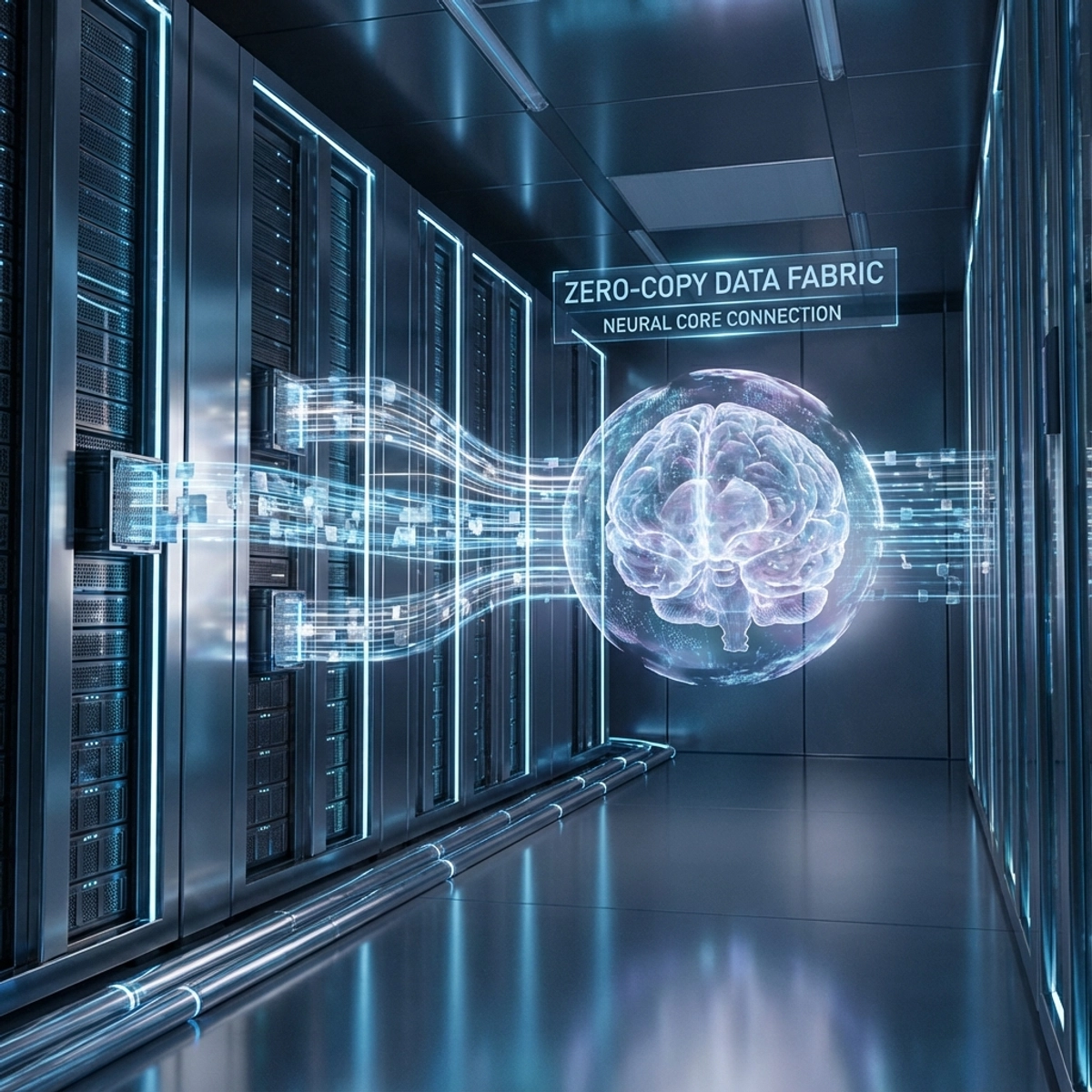 Futuristic server room with glowing blue and silver data streams connecting directly to a central AI brain, visualizing zero-copy architecture.