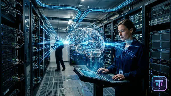 Futuristic server room with glowing blue and silver data streams connecting directly to a central AI brain, visualizing zero-copy architecture.