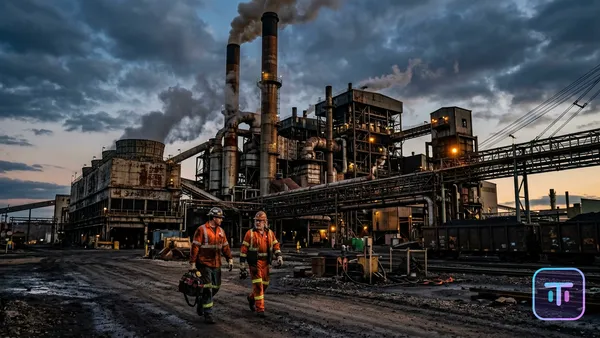 A massive, weathered industrial coal plant at dusk with dramatic lighting.