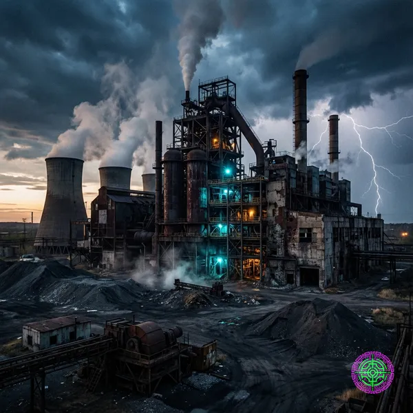 Ein massives, verwittertes industrielles Kohlekraftwerk in der Abenddämmerung mit dramatischer Beleuchtung.