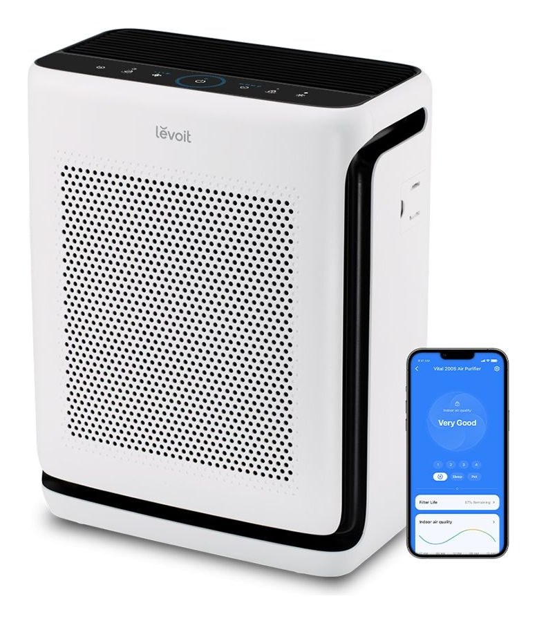 The white Levoit Vital 200S-P air purifier in a living room