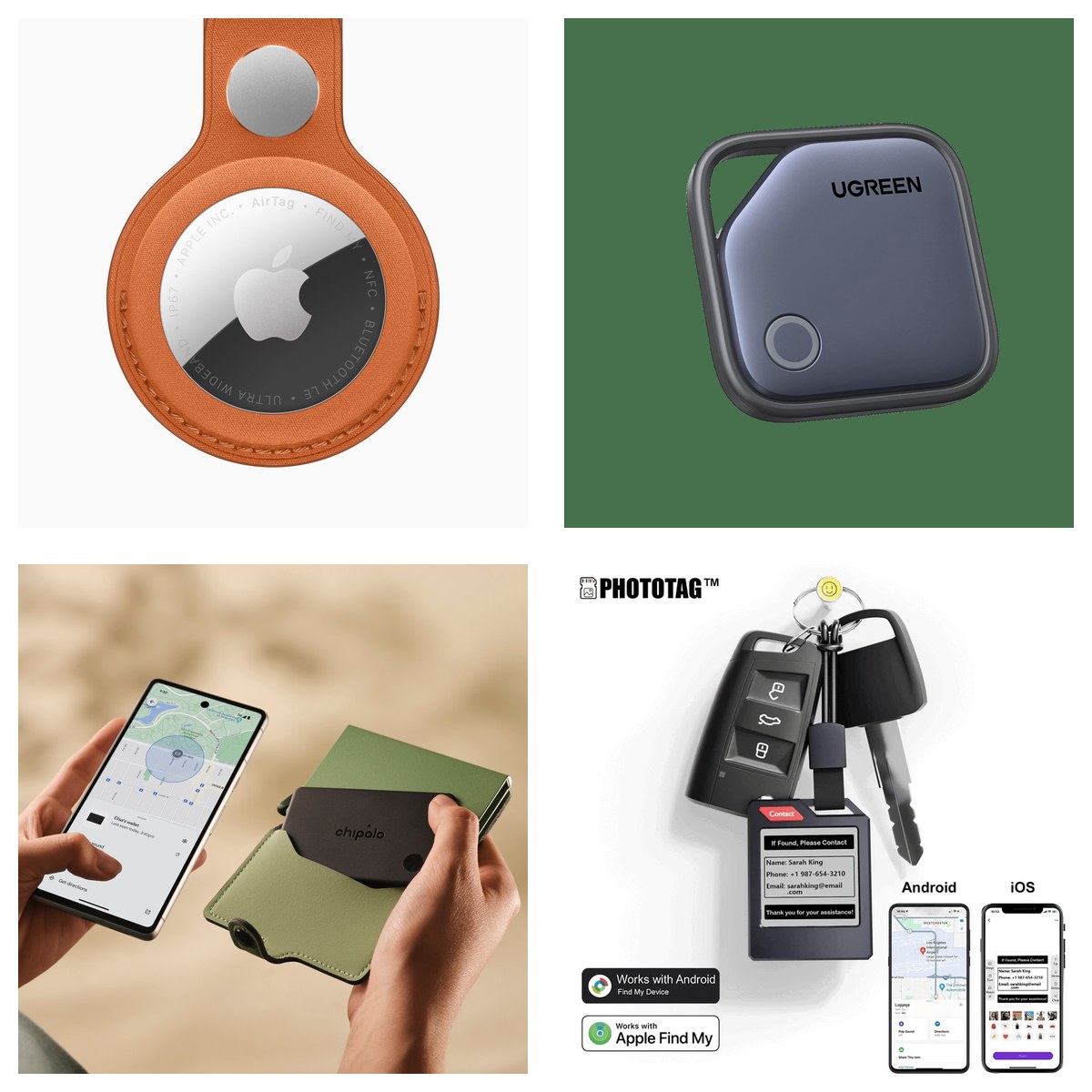The four picks: Apple AirTag 2 in an orange FineWoven key ring, the UGREEN FineTrack square tracker, the Chipolo CARD sliding out of a wallet, and the PhotoTag E Ink tag on a set of car keys