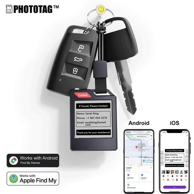 The PhotoTag E Ink tracker attached to car keys, its screen showing an "If Found, Please Contact" card with a name and phone number