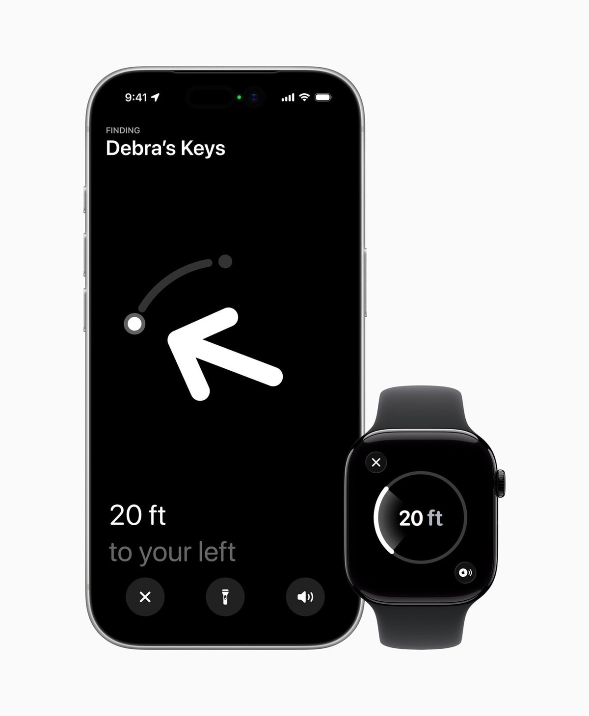 An iPhone showing Precision Finding pointing an arrow toward a nearby AirTag, with distance and direction on screen