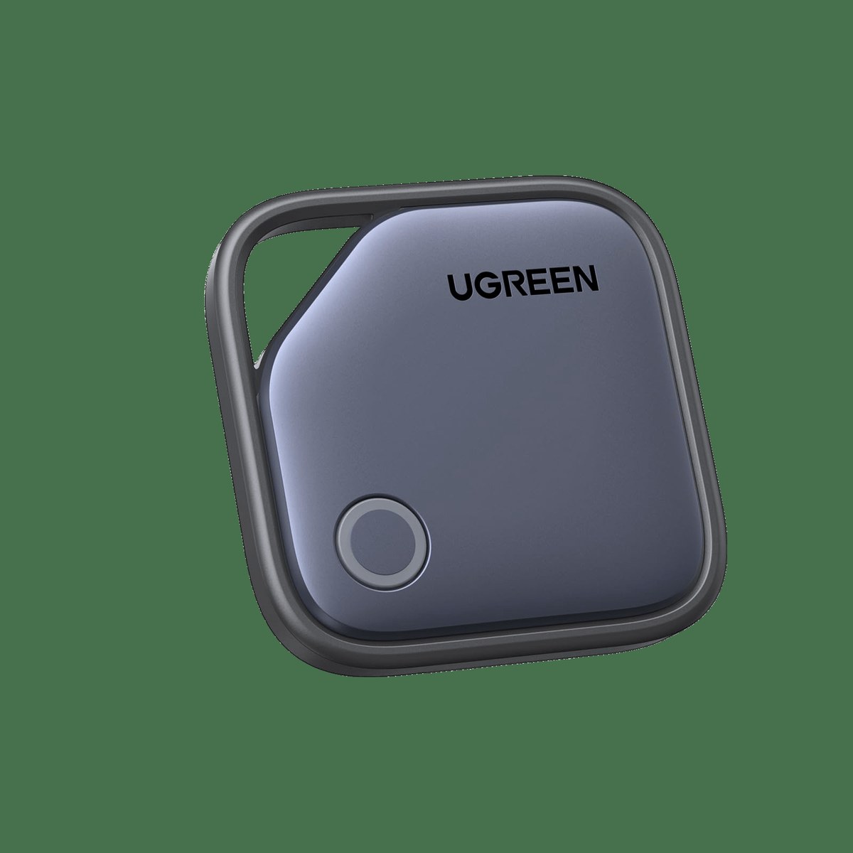 The UGREEN FineTrack, a rounded dark-blue square tracker with a built-in lanyard hole and the UGREEN logo