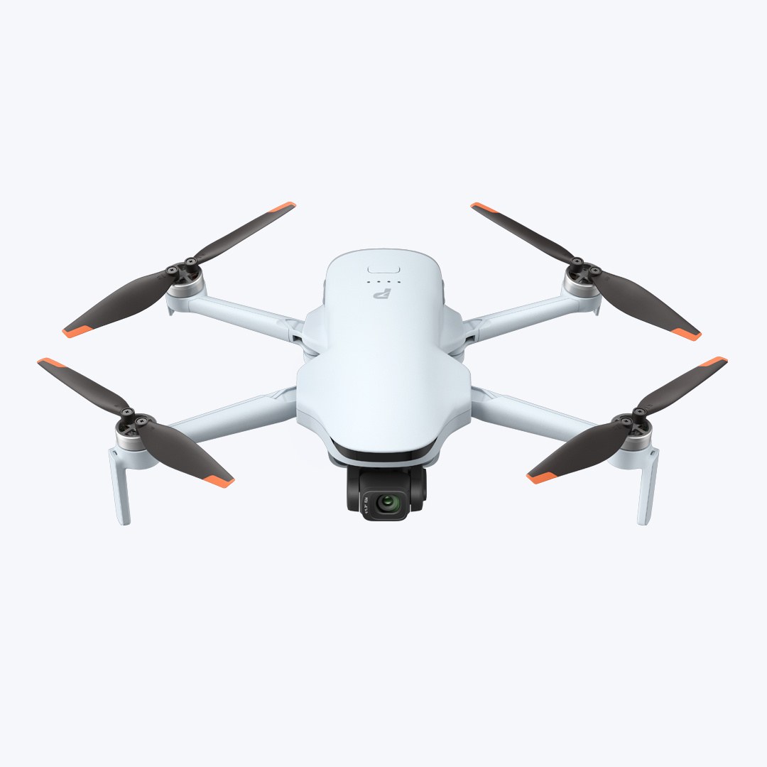 Potensic Atom 2 folding camera drone unfolded, light gray body with orange-tipped propellers and front 3-axis gimbal camera
