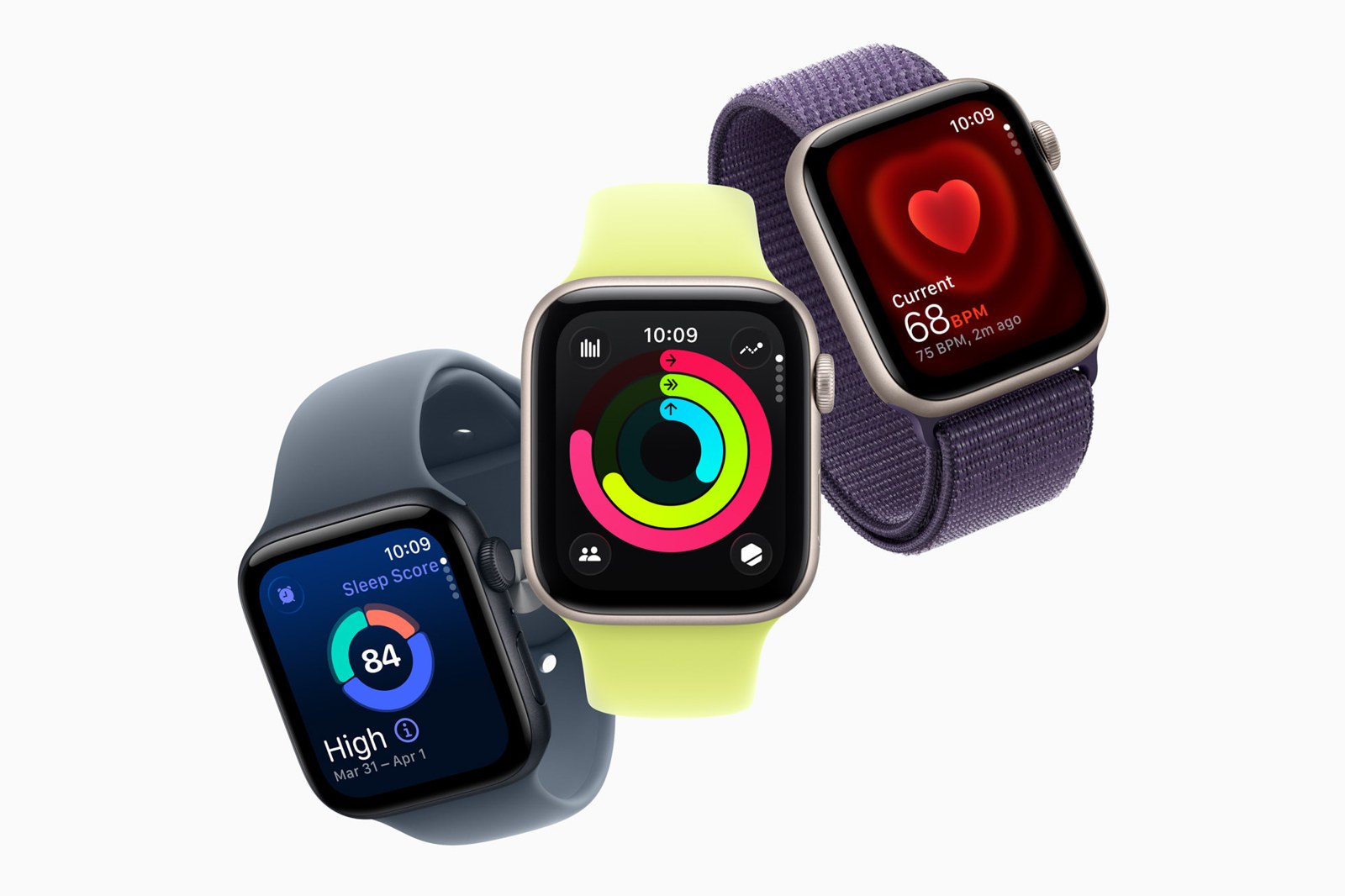 Three Apple Watch SE 3 units with different bands showing a sleep score, activity rings and a heart rate reading