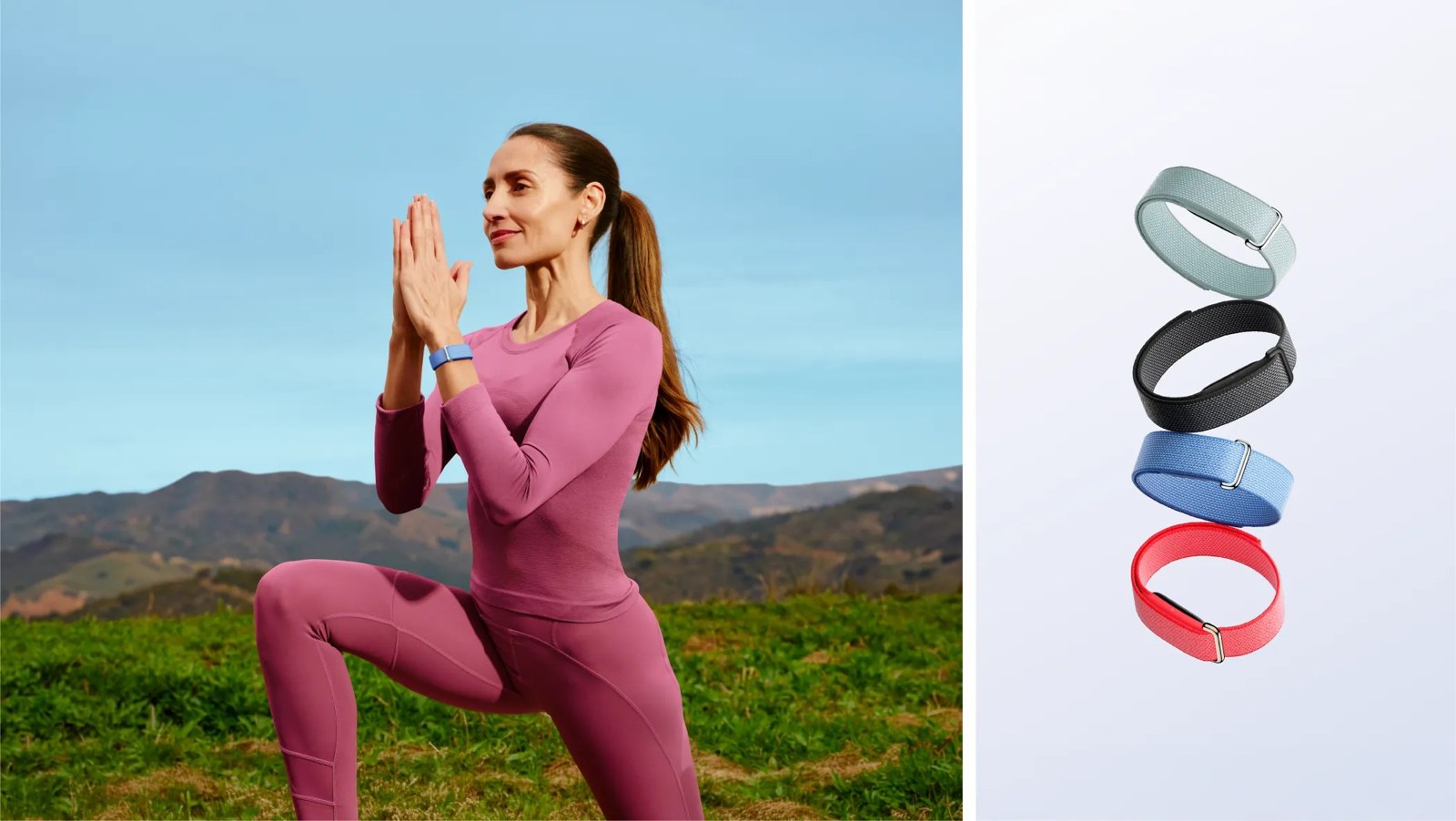 A woman stretching outdoors wearing a Google Fitbit Air, beside the screenless tracker in four band colours