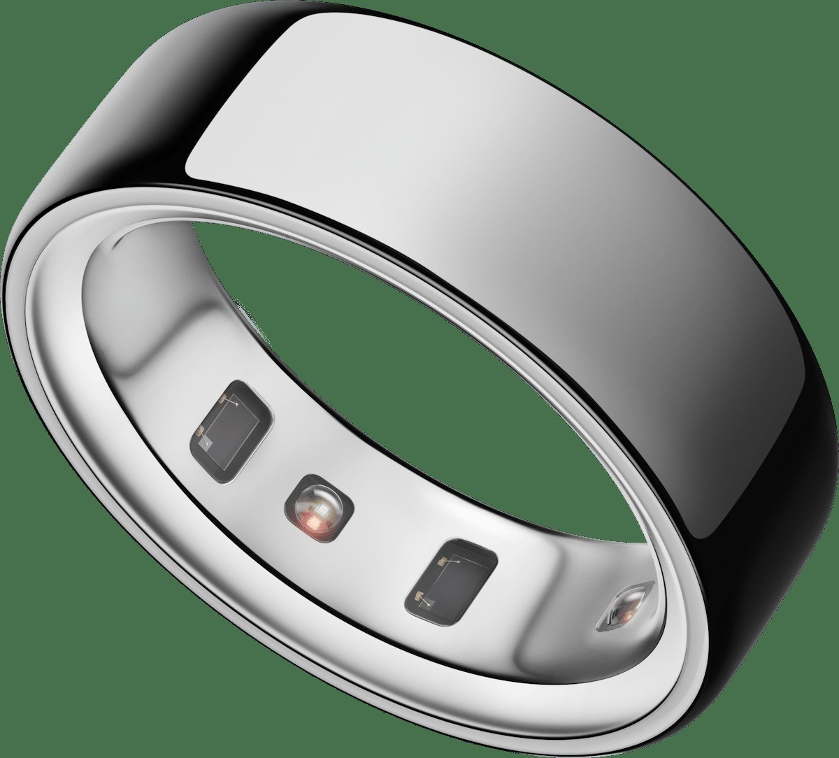 Oura Ring 4 in silver at an angle, showing the recessed sensors on its inner surface