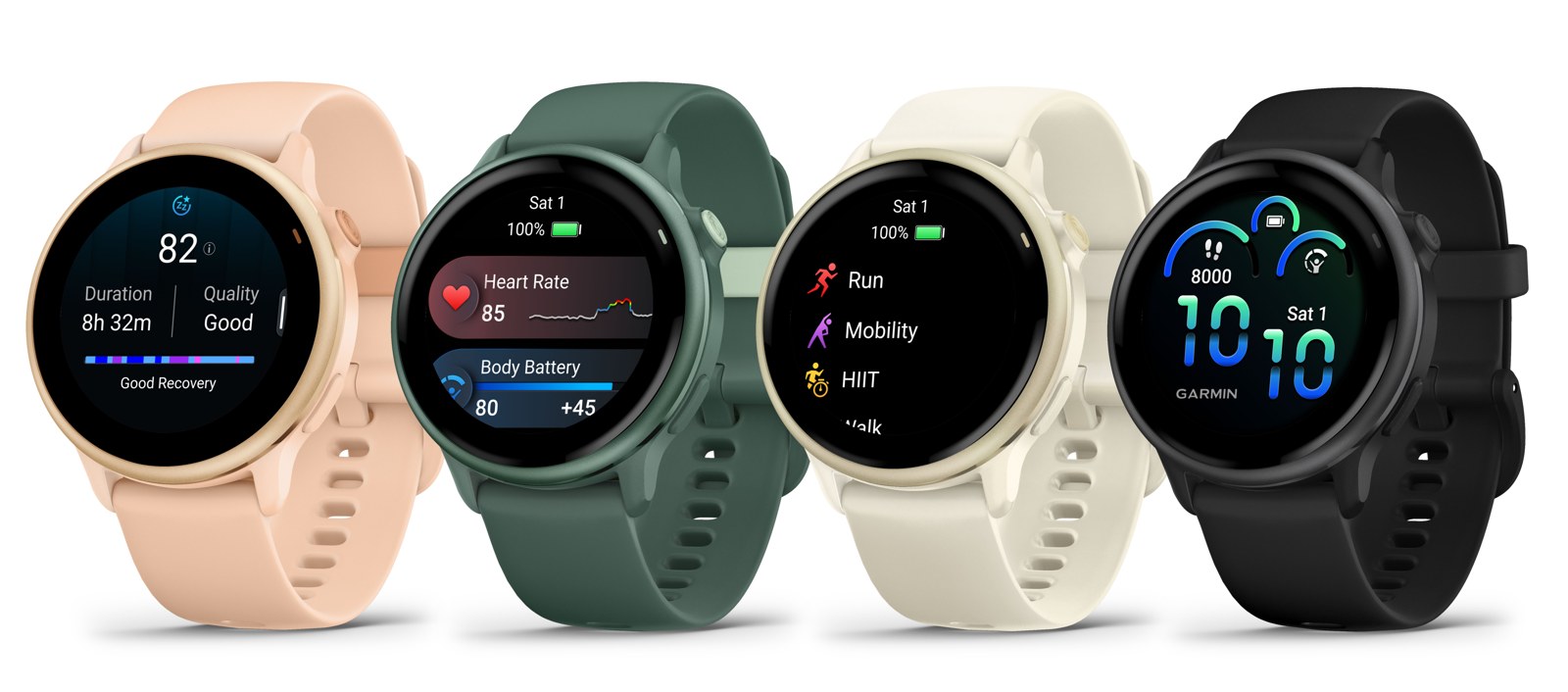 Four Garmin vivoactive 6 watches in pink, green, cream and black showing Body Battery, heart rate and workout screens