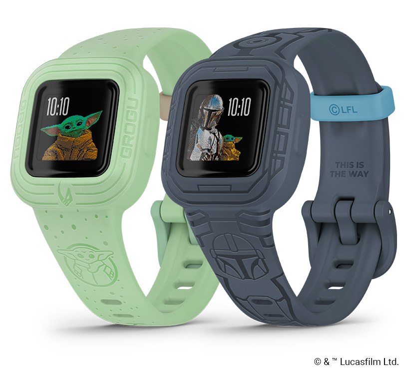 Two Garmin vivofit jr. 3 kids fitness trackers in green and navy with themed bands and colour screens