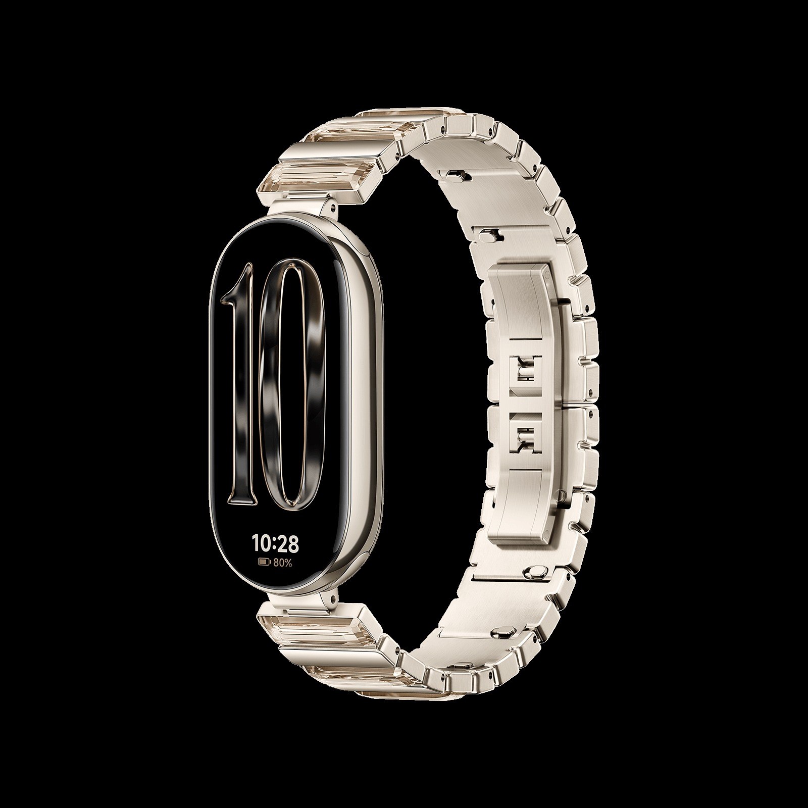 Xiaomi Smart Band 10 with a metal link strap, its AMOLED screen showing a large numeral 10