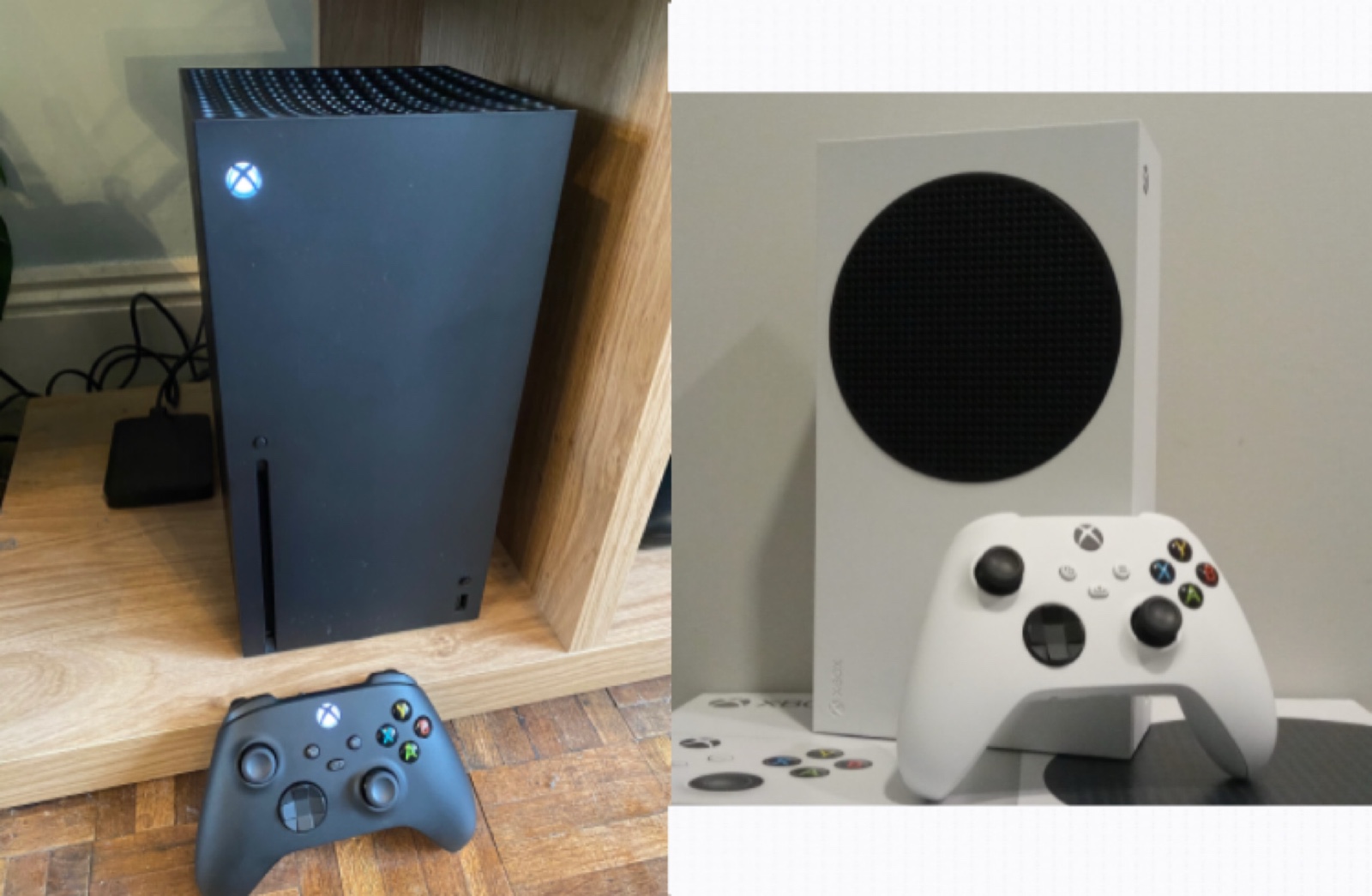 The black Xbox Series X tower and the smaller white Xbox Series S, each with a matching controller