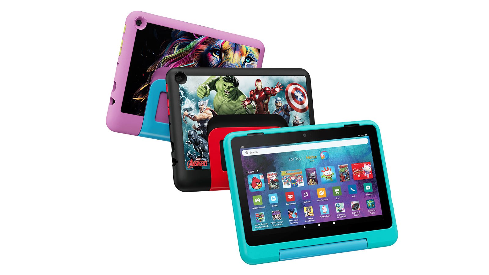 Three Fire HD 8 Kids Pro tablets in lilac, black Marvel Avengers and teal cases, the teal one showing the Kids Pro home screen with apps and a web browser