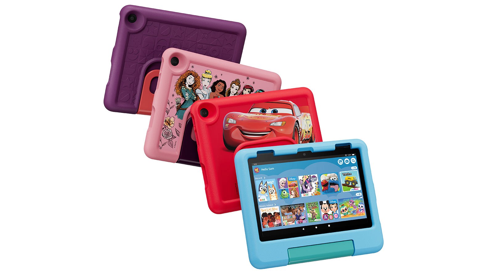 Four Fire HD 8 Kids tablets in purple, pink Disney Princess, red Disney Pixar Cars and blue kid-proof cases, the blue one showing the kids home screen