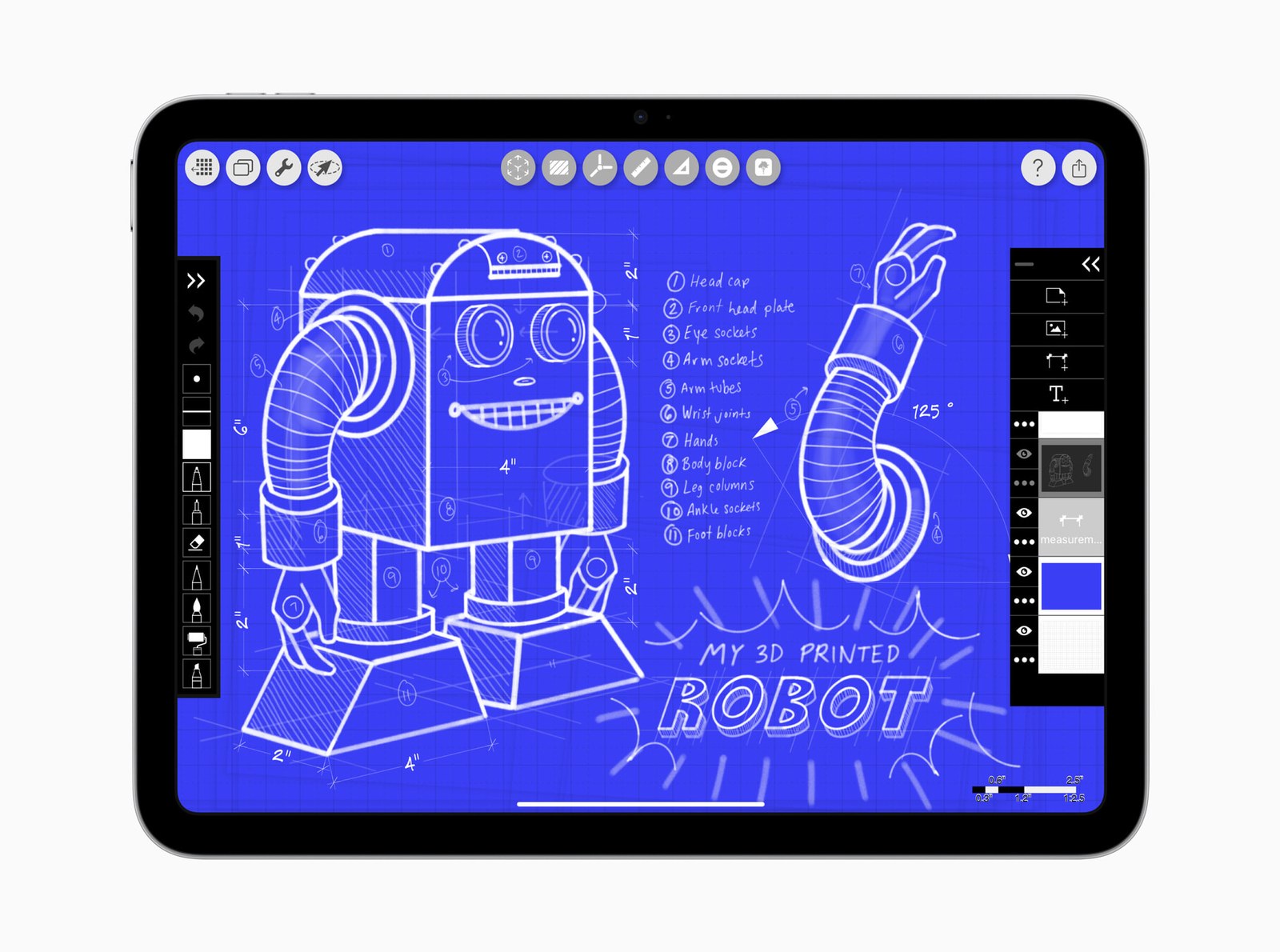 The 11-inch iPad with A16 showing a blue robot blueprint drawing in the Morpholio Trace app