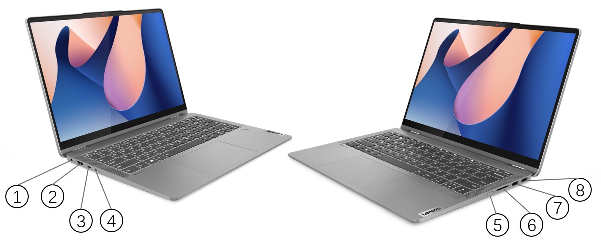 Lenovo's 14-inch IdeaPad Flex convertible shown from two angles, open in laptop mode with its 360-degree hinge visible